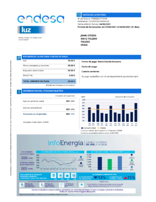 Spain Endesa luz utility bill template in Word and PDF format