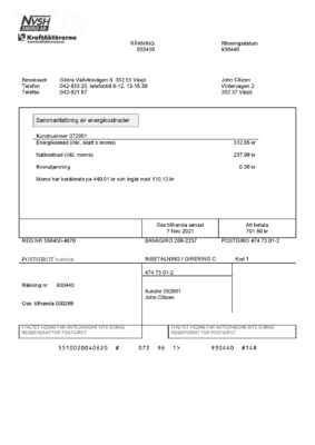 Sweden NVSH Energi utility bill template in Word and PDF format
