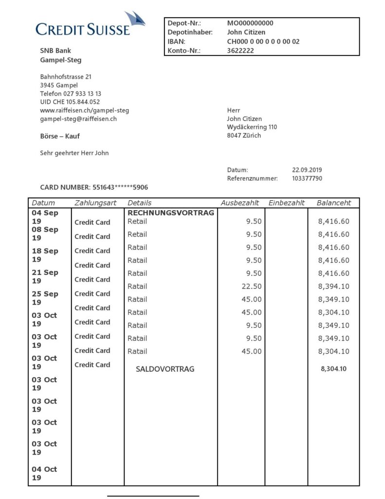 Switzerland Credit Suisse bank proof of address statement template in Word and PDF format (.doc and .pdf)