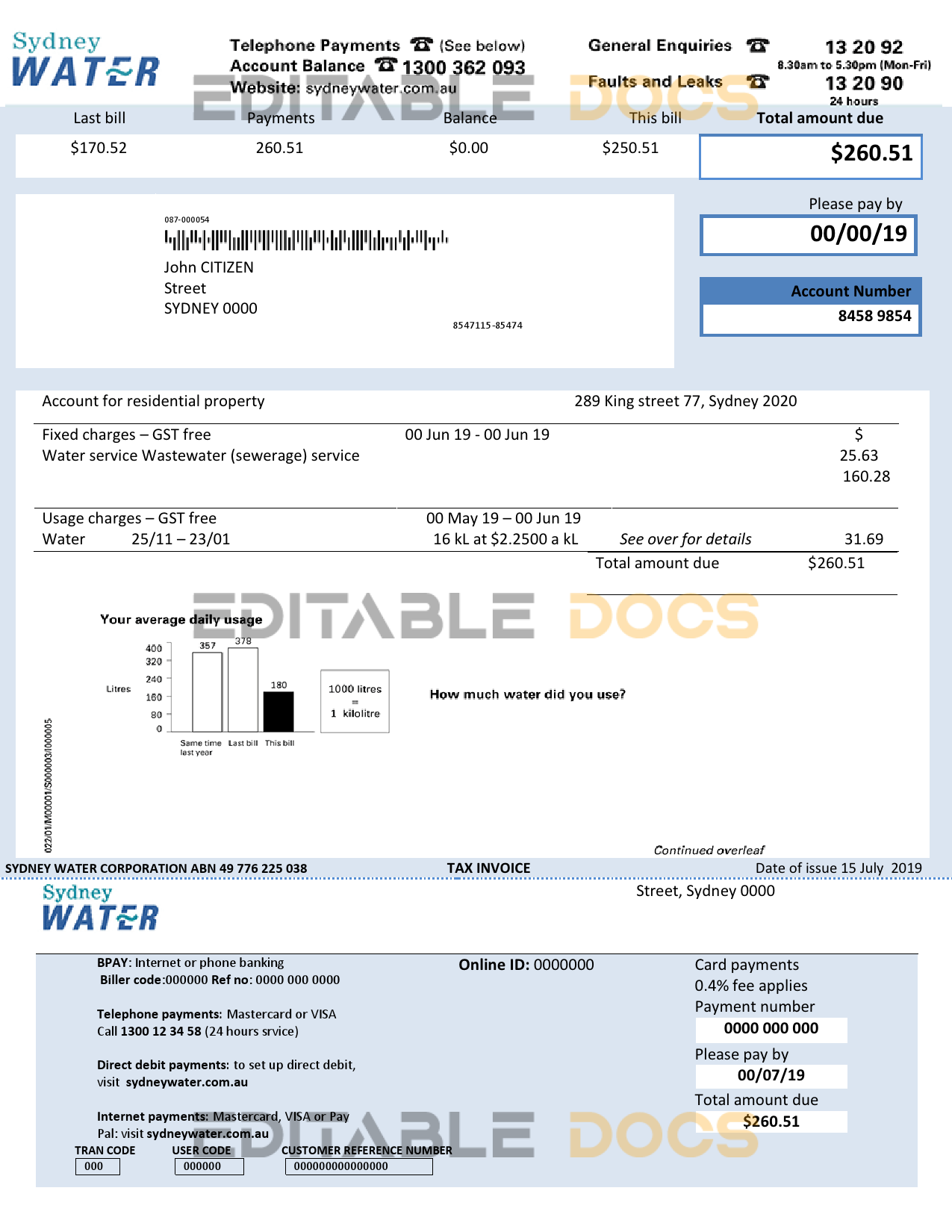 Australia Sydney water utility bill template, fully editable in Word and PDF format