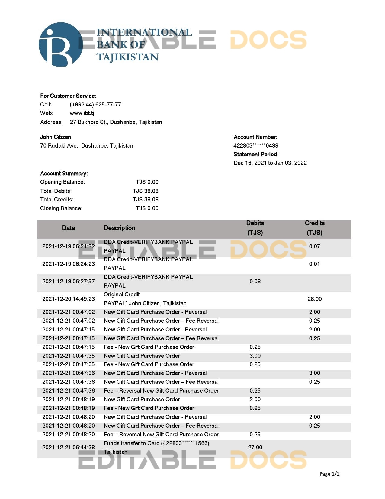 Tajikistan ITB bank statement template in Word and PDF format