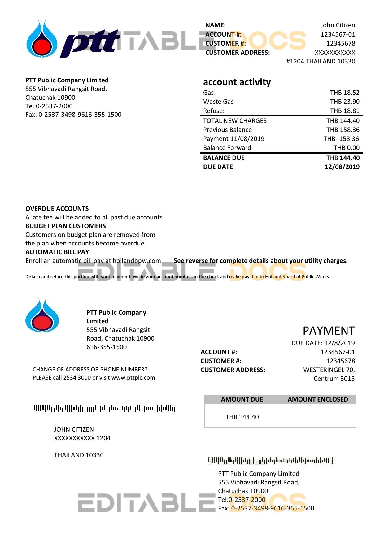 Thailand PTT gas utility bill template in Word and PDF format