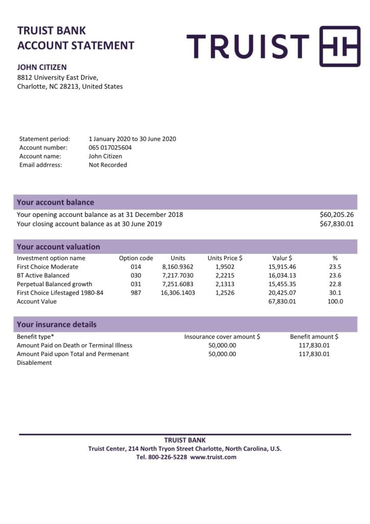 USA Truist bank proof of address statement template in Word and PDF format