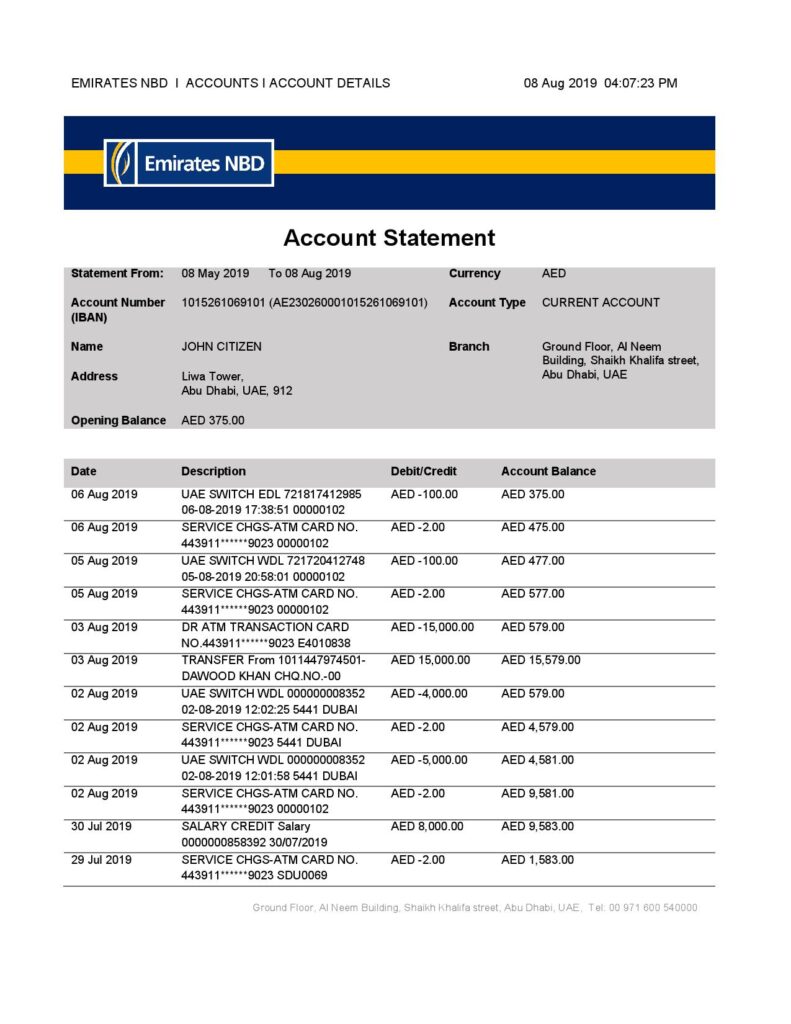 UAE Dubai Emirates NBD bank proof of address statement template in Word and PDF format