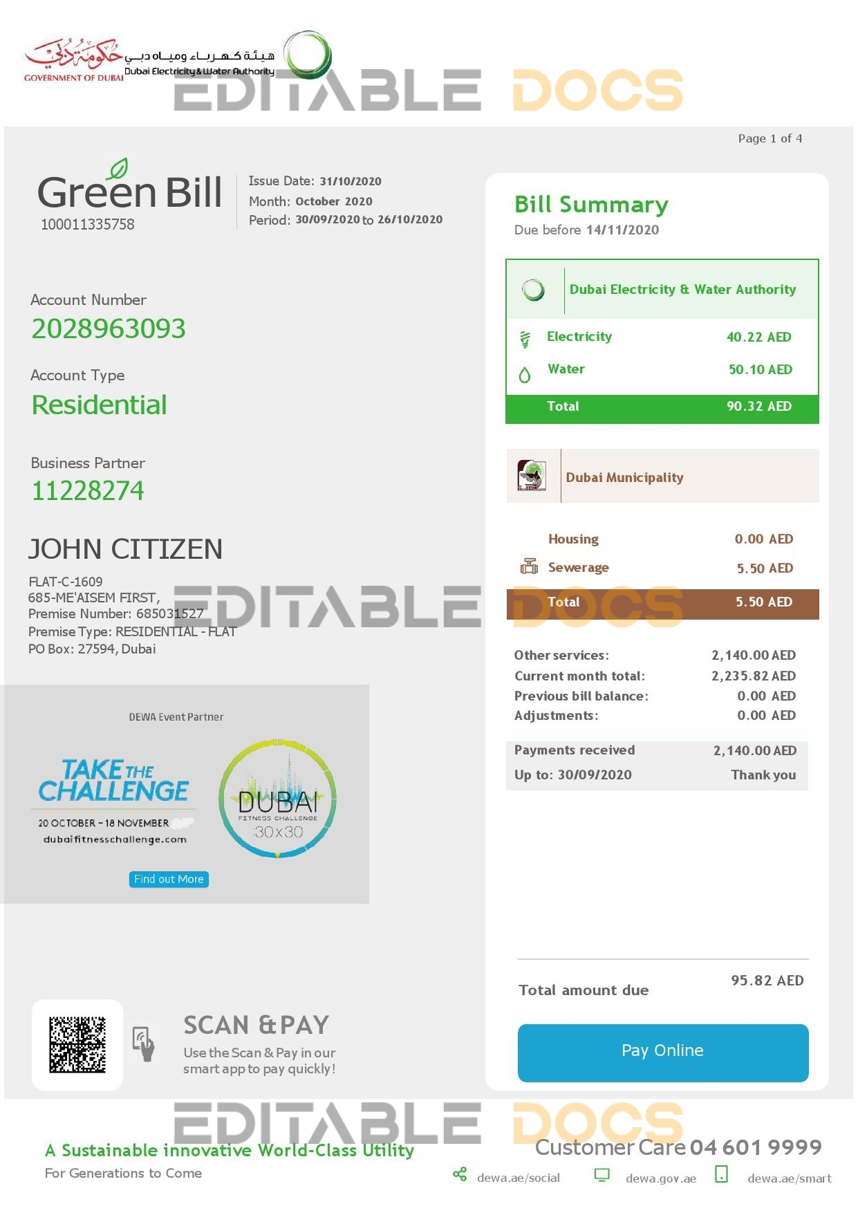 UAE Dubai Electricity & Water Authority utility bill template in Word format (4 pages)