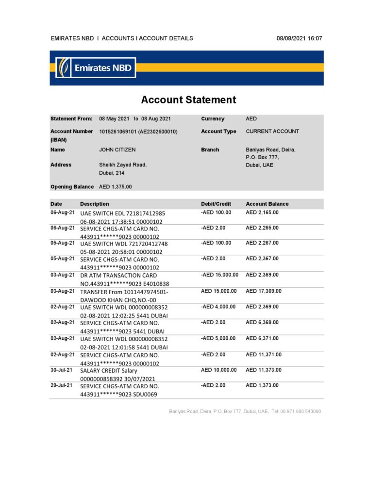 UAE Dubai Emirates NBD bank statement easy to fill template in Excel and PDF format