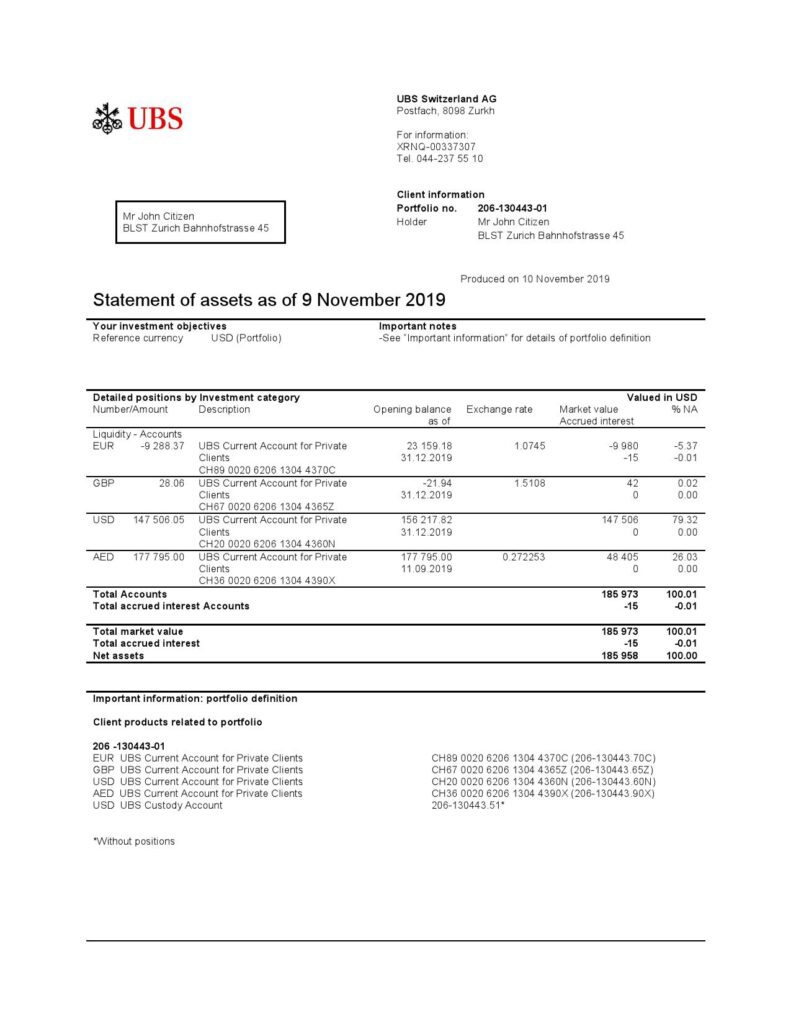 Switzerland UBS bank statement template in Word and PDF format, version 2