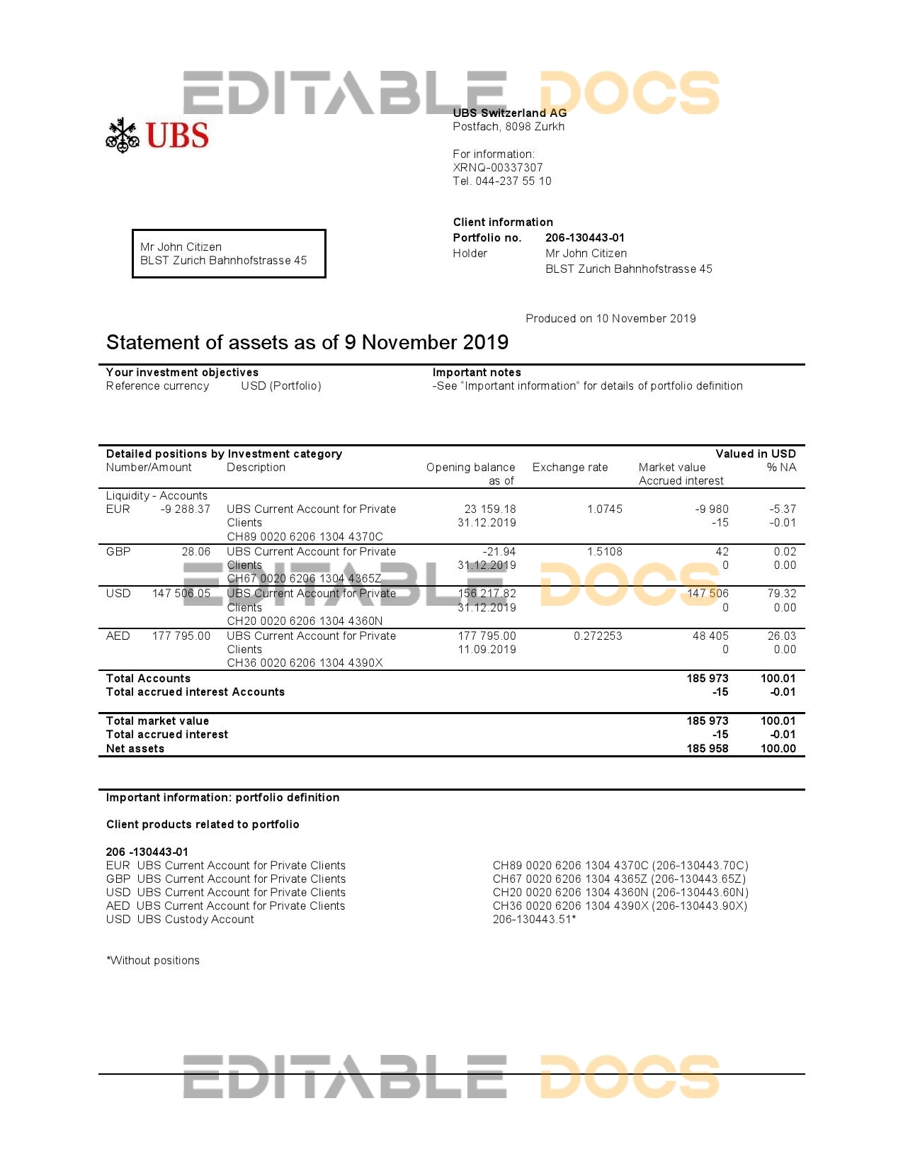 Switzerland UBS bank statement template in Word and PDF format, version 2