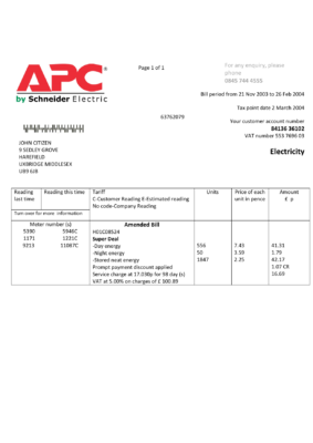 United Kingdom APC electricity utility bill template in Word and PDF format