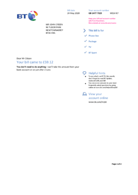 United Kingdom BT utility bill template in Word and PDF format, 2 pages