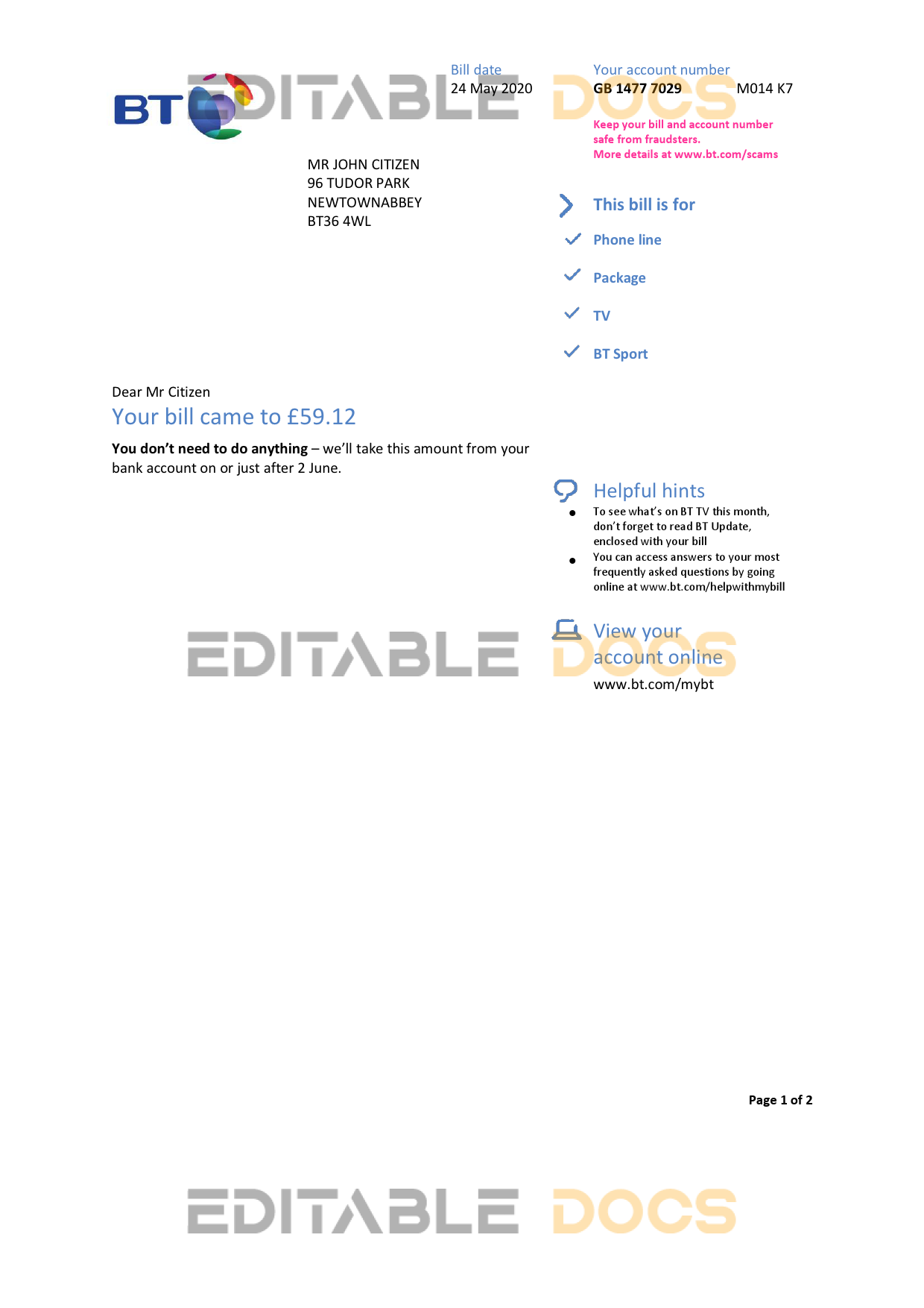 United Kingdom BT utility bill template in Word and PDF format, 2 pages