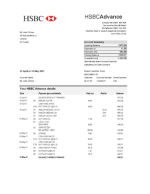 United Kingdom HSBC bank statement easy to fill template in Excel and PDF format