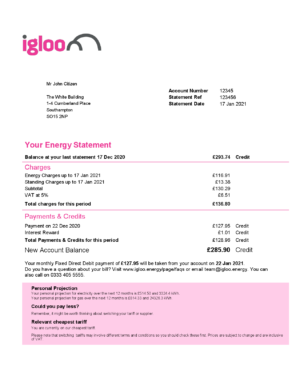 United Kingdom Igloo Energy utility bill template in Word and PDF format