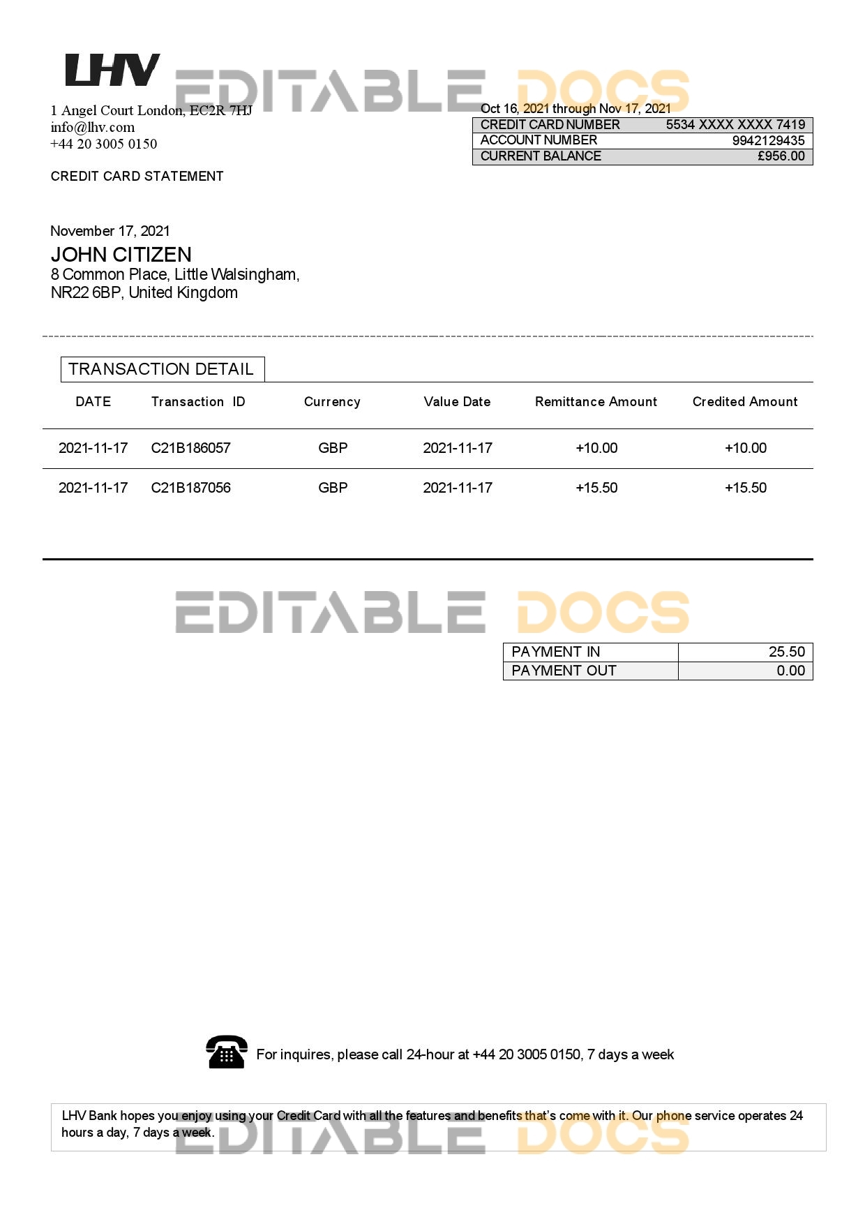 United Kingdom LHV Group bank statement in Word and PDF format