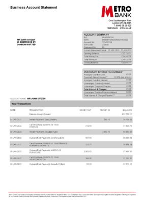 United Kingdom Metro bank business account statement Word and PDF template, 4 pages