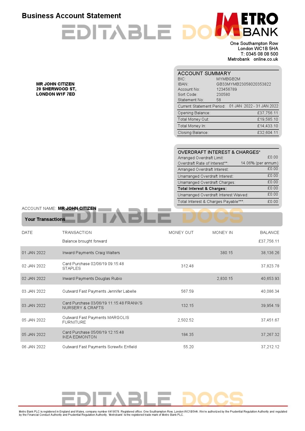 United Kingdom Metro bank business account statement Word and PDF template, 4 pages