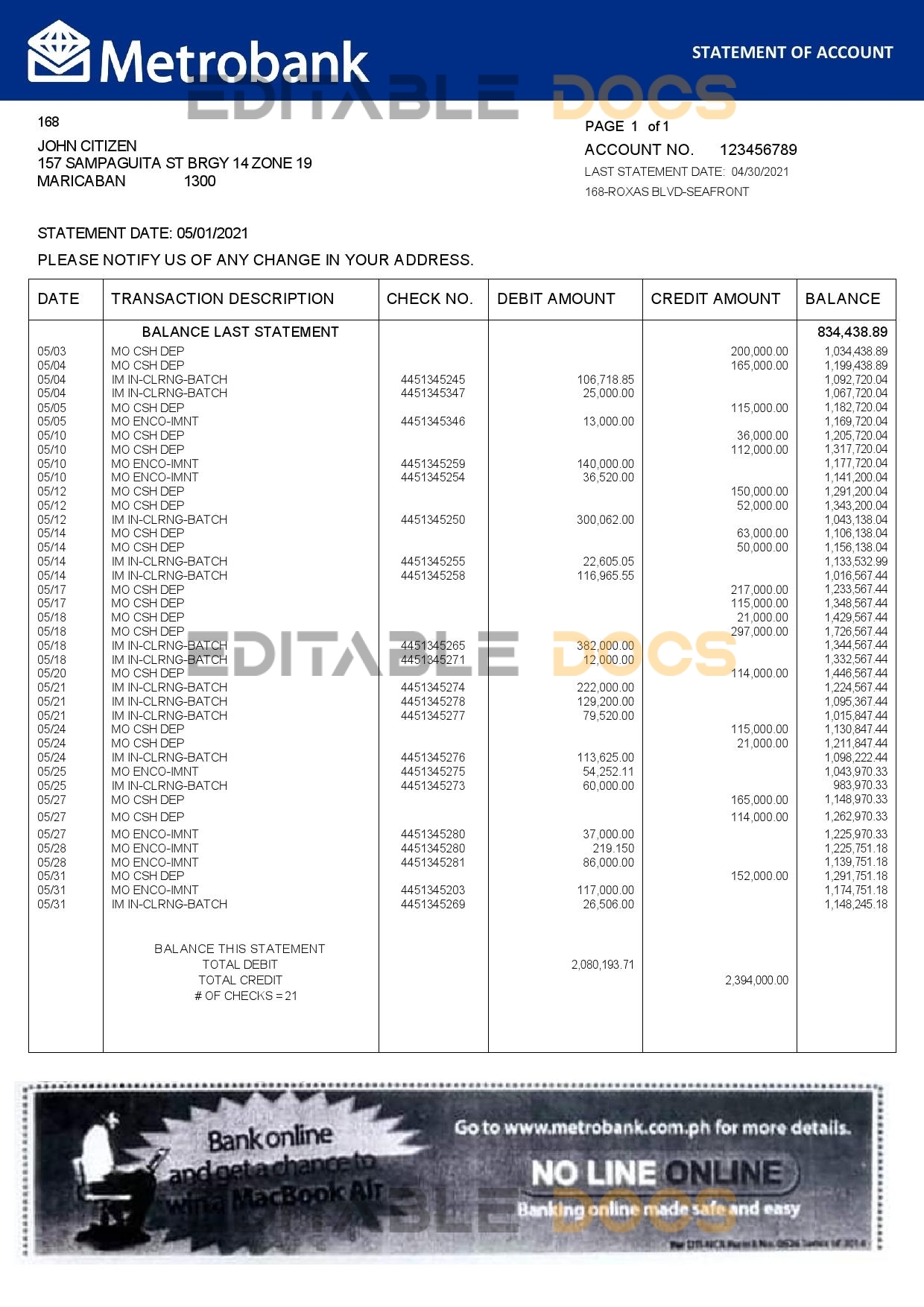 United Kingdom Metrobank bank statement in Word and PDF format