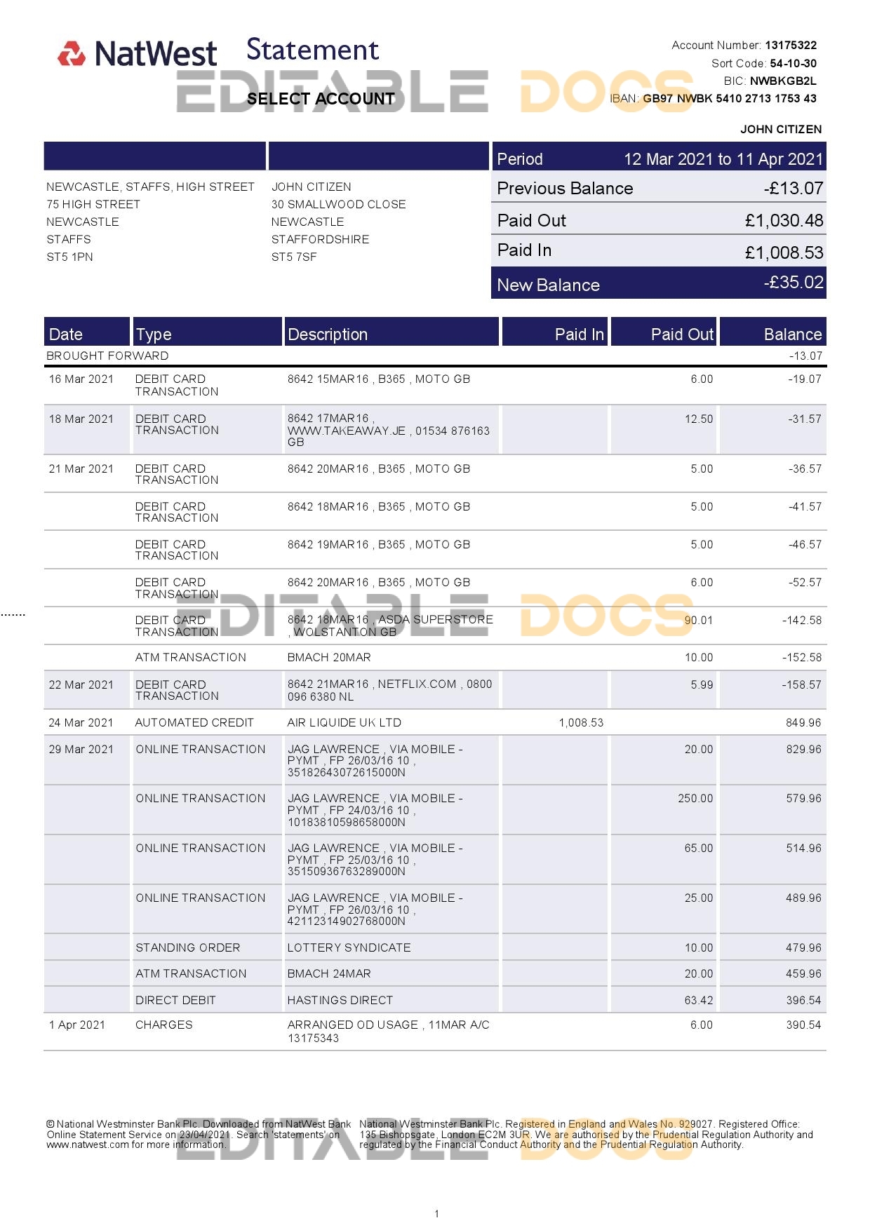 United Kingdom Natwest bank statement template in Word and PDF format (2 pages)