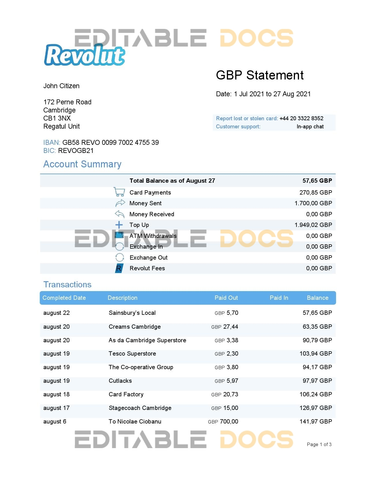 United Kingdom Revolut bank statement template in Word and PDF format (3 pages)