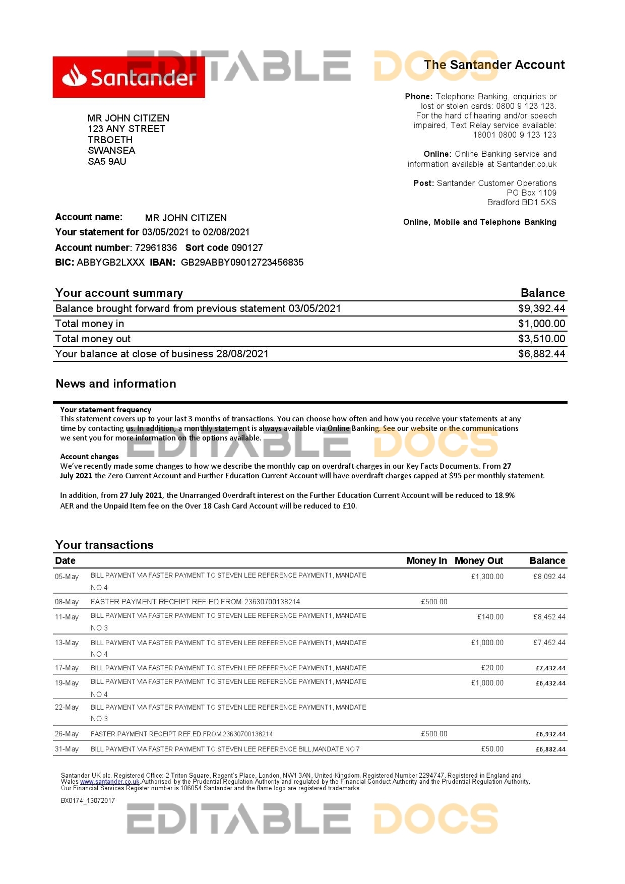 United Kingdom Santander bank statement template in Excel and PDF format (2 pages)