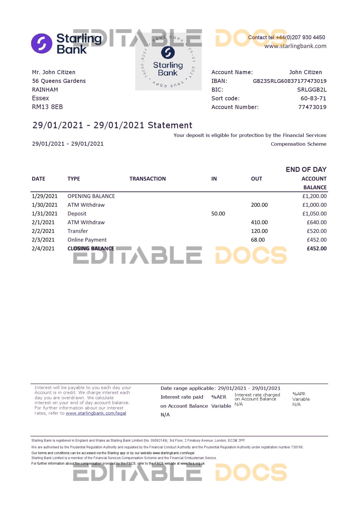 United Kingdom Starling bank statement template in .xls and .pdf file format, good for address prove