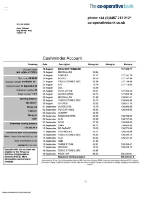 United Kingdom The Co-operative bank statement in Word and PDF format