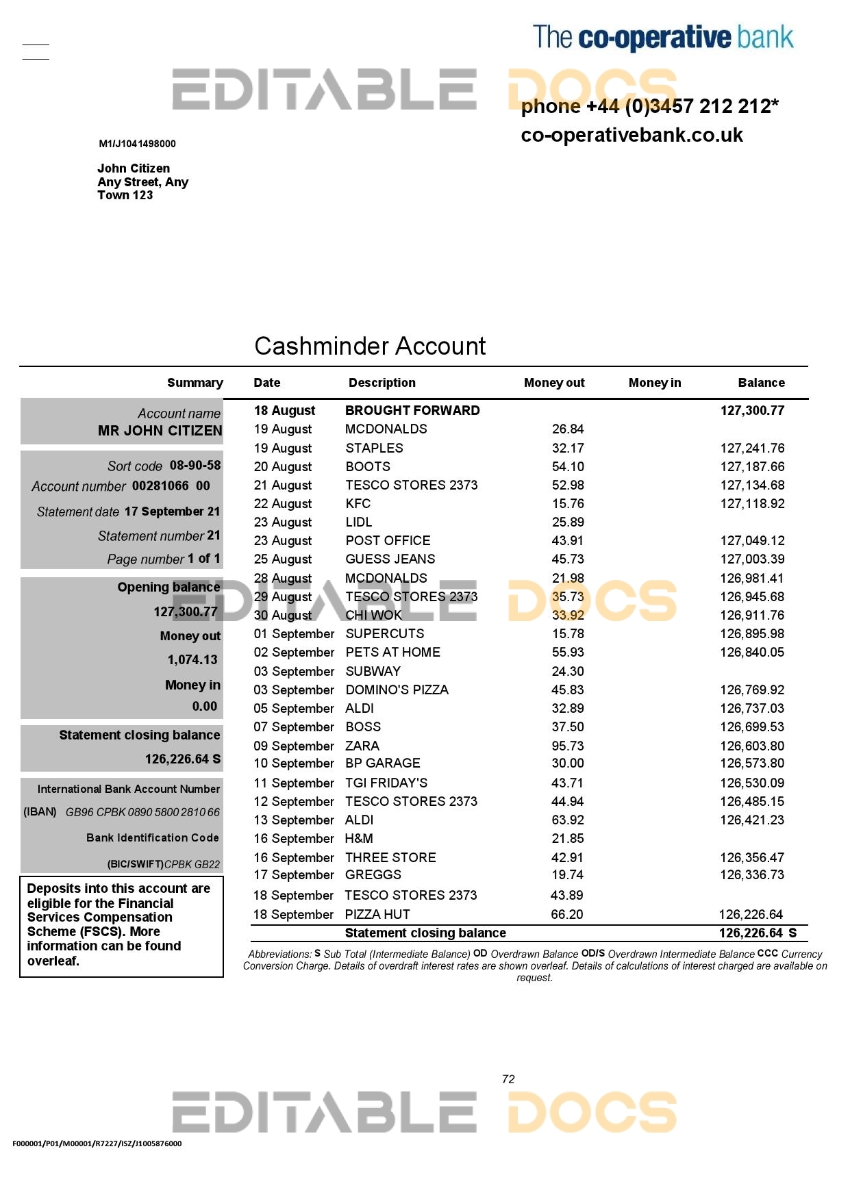 United Kingdom The Co-operative bank statement in Word and PDF format