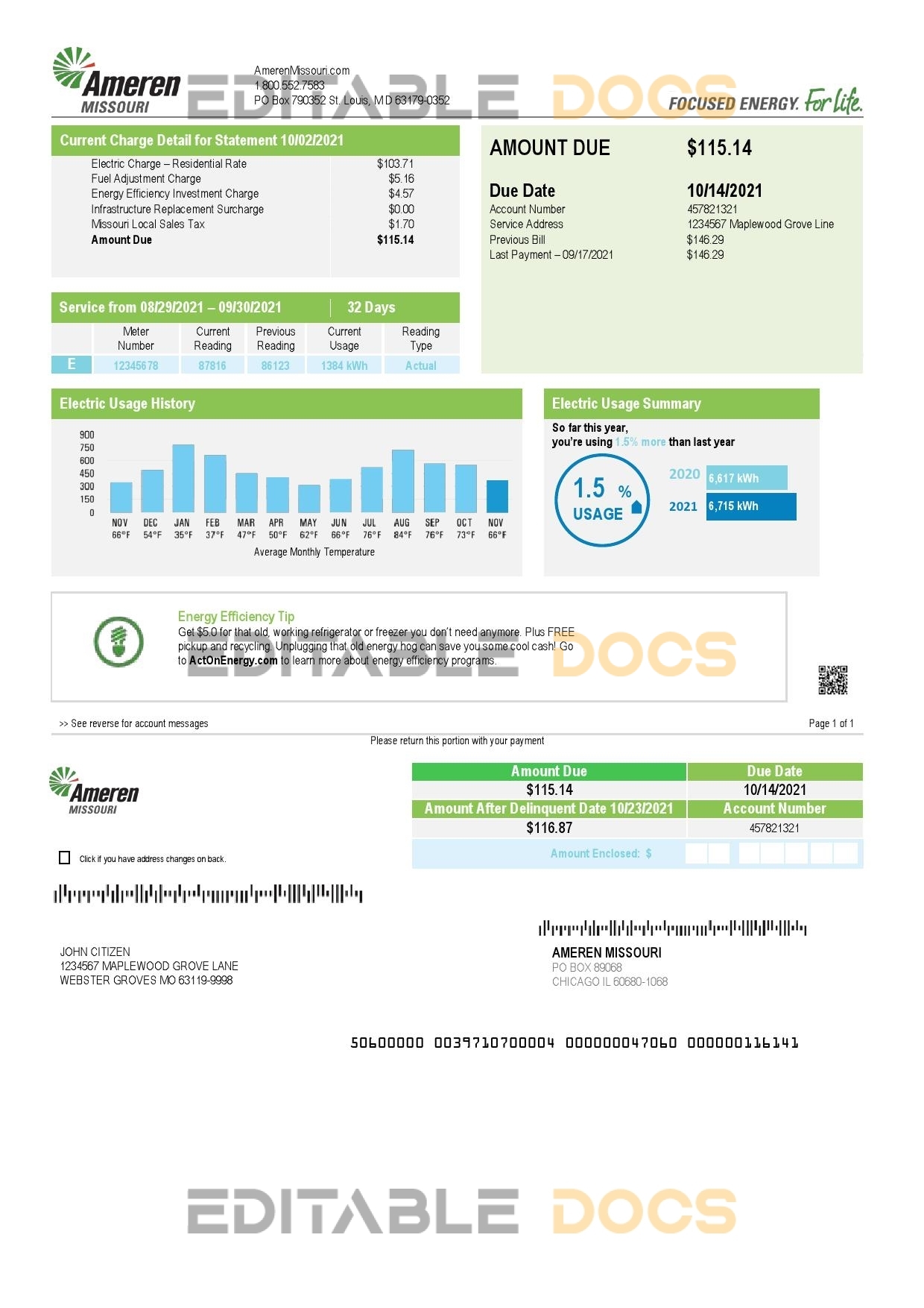 USA Ameren Missouri electricity utility bill template in Word and PDF format (2 pages)