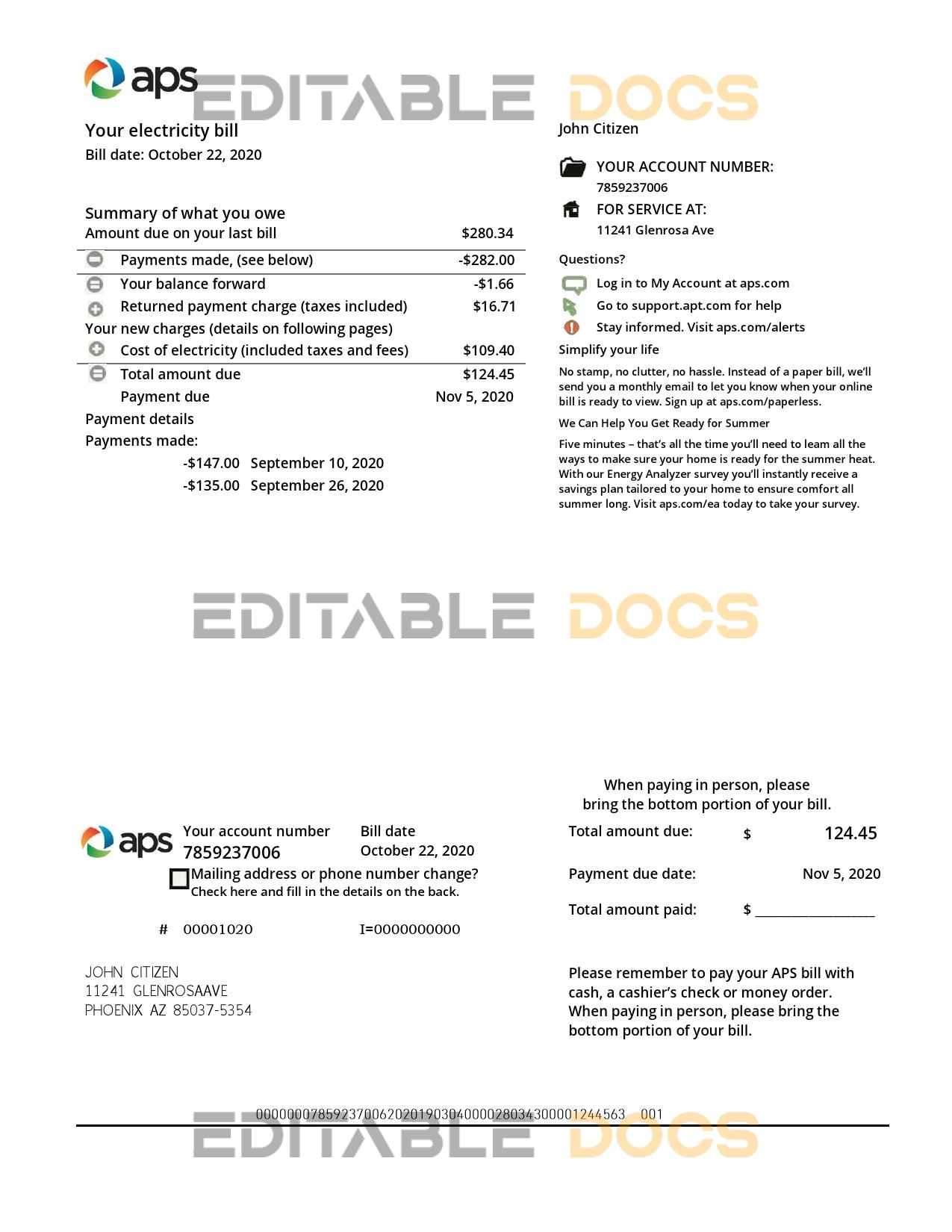 USA Arizona APS electricity proof of address utility bill template in Word and PDF format