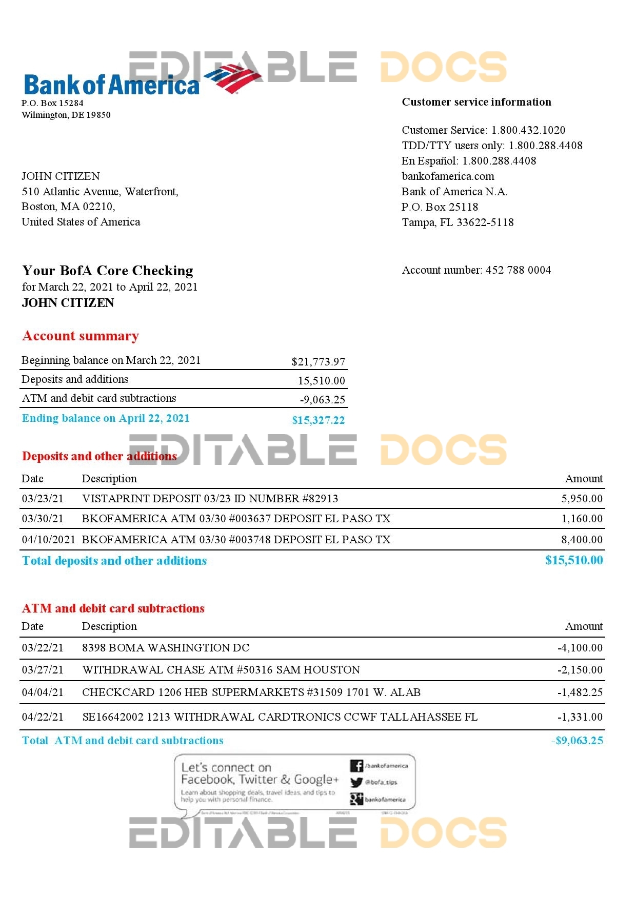 USA Bank of America bank statement template in Excel and PDF format, version 4