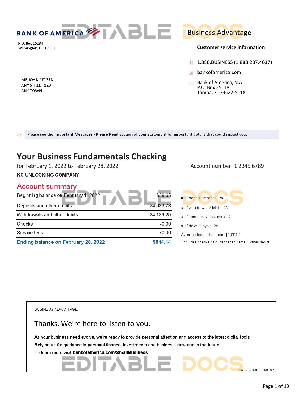 USA Bank of America bank statement, Word and PDF template, 10 pages