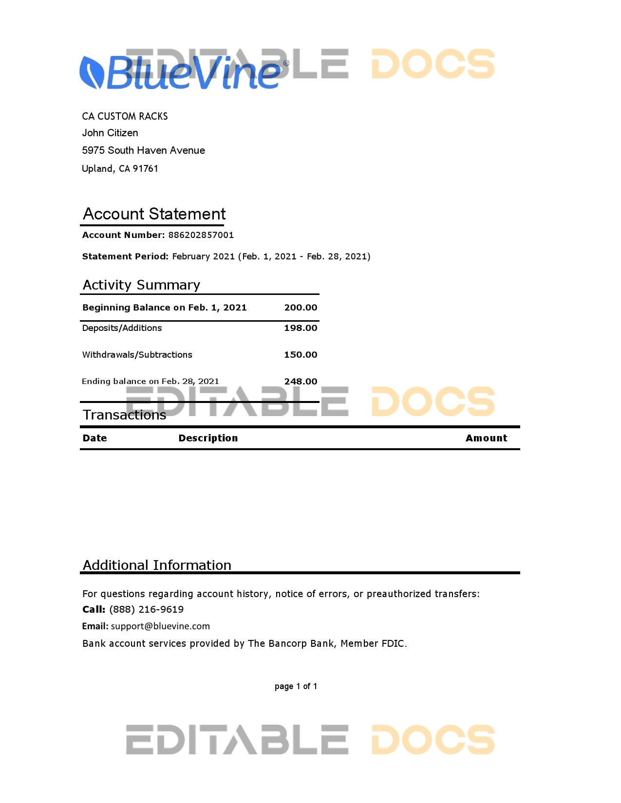 USA California BlueVine bank statement easy to fill template in .xls and .pdf file format