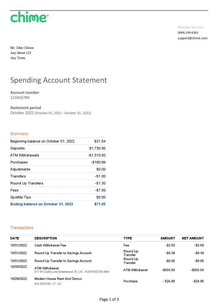 USA Chime bank statement, Word and PDF template, 3 pages
