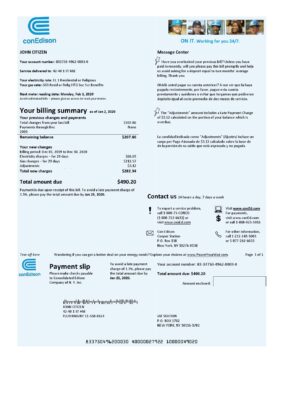 USA Con Edison electricity utility bill template in Word and PDF format