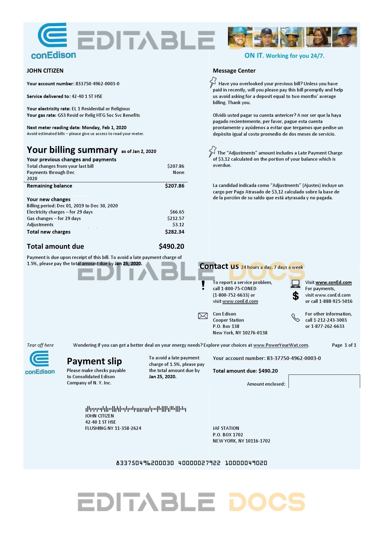 USA Con Edison electricity utility bill template in Word and PDF format
