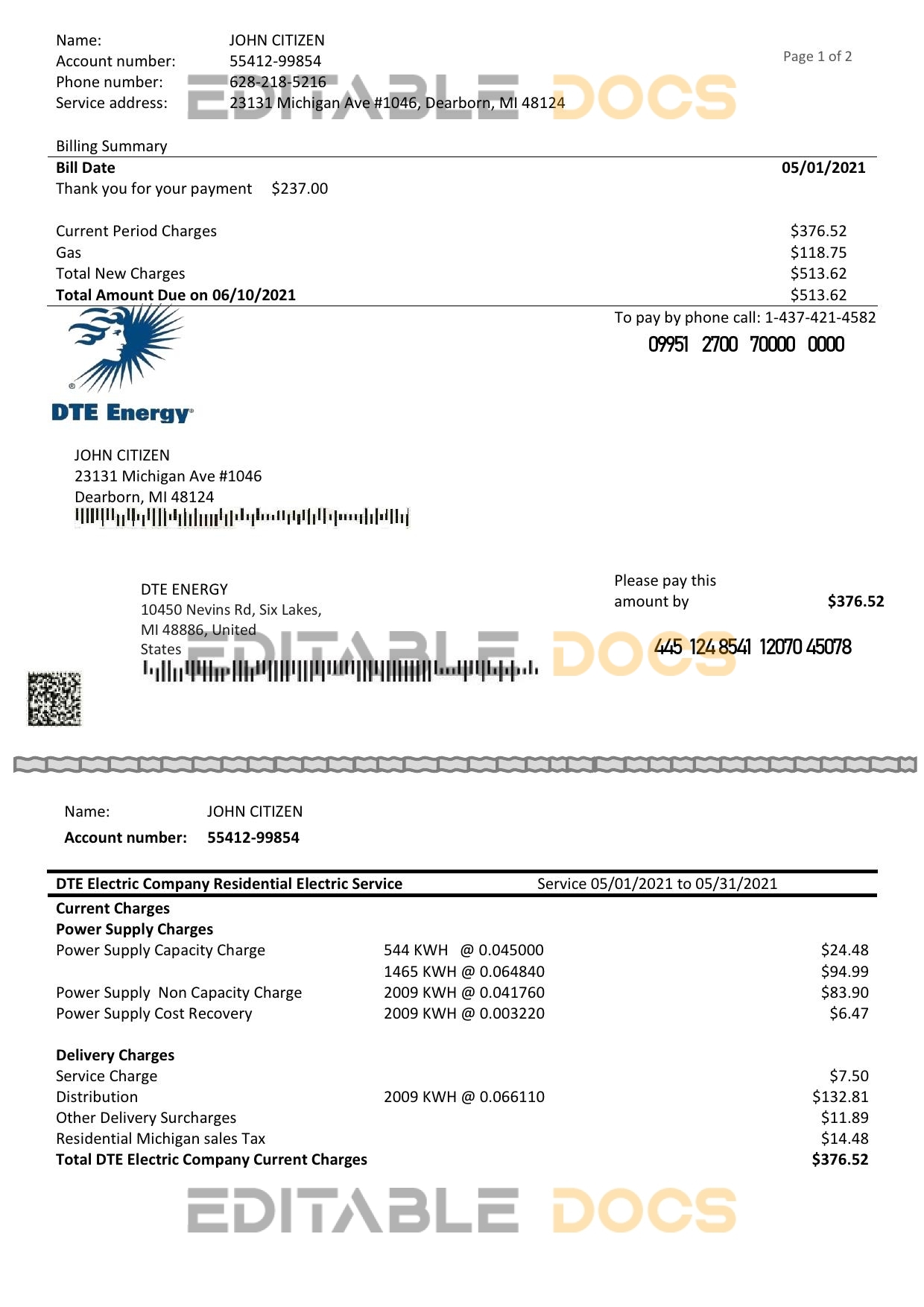 USA DTE Energy utility bill template in Word and PDF format (2 pages)