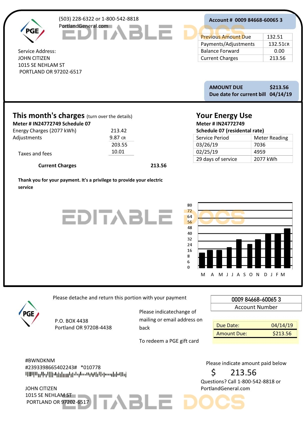 USA Oregon PGE electricity utility bill template in Word and PDF format