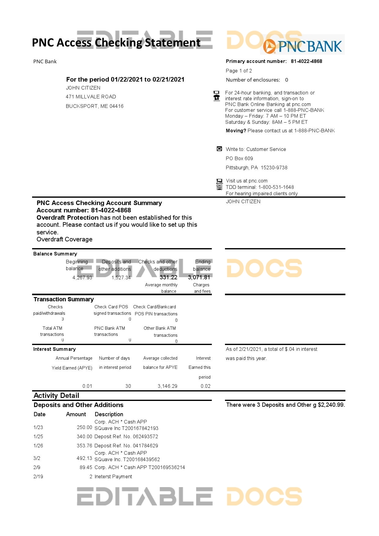 USA PNC bank statement template in Excel and PDF format, 2 pages
