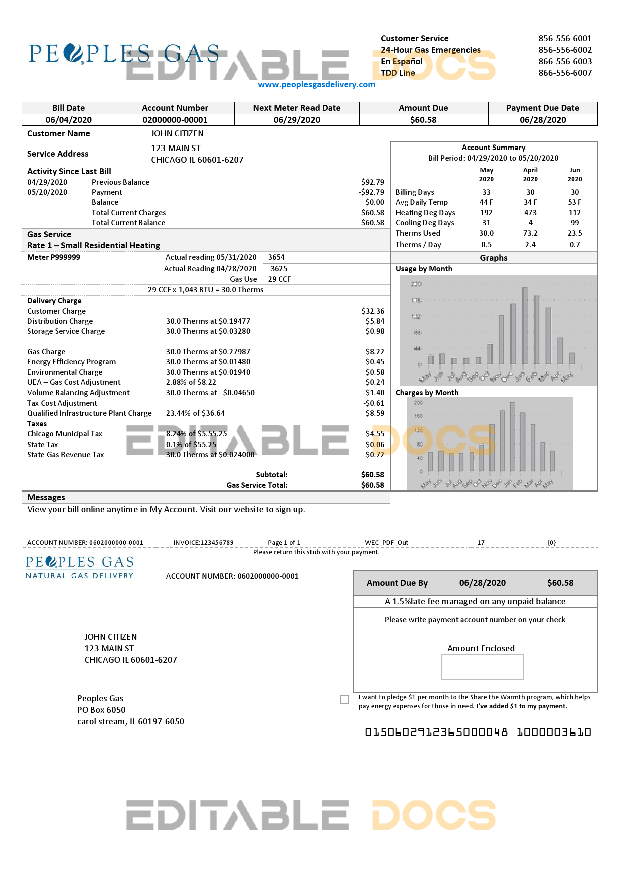 USA Illinois Peoples Gas utility bill template in Word and PDF format