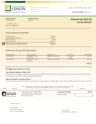 USA Southern California EDISON utility bill, Word and PDF template, 8 pages