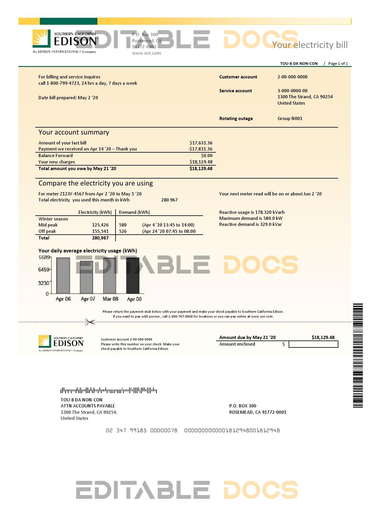 USA Southern California Edison utility bill template in Word and PDF format