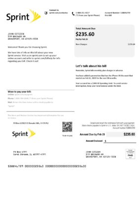 USA Sprint (T-Mobile) utility bill template in Word and PDF format