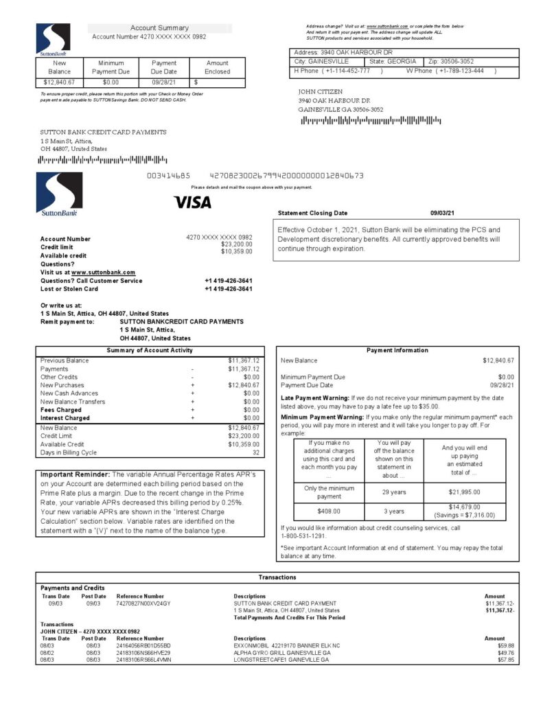 USA Sutton bank credit card statement template in Word and PDF format