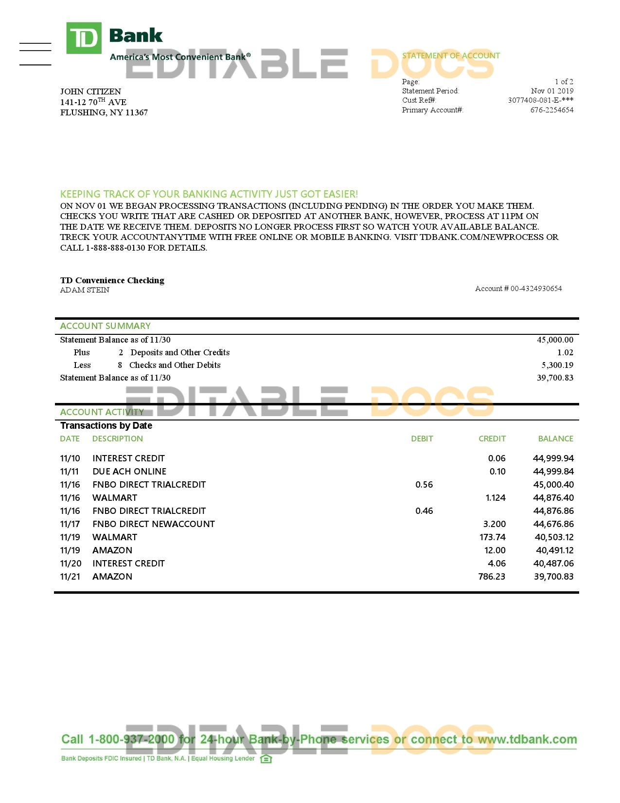 USA TD bank statement template, Word and PDF format (.doc and .pdf)