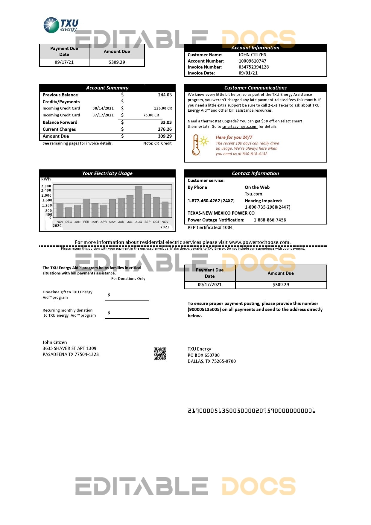 USA Texas TXU Energy utility bill template in Word and PDF format