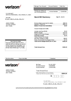 USA Verizon utility bill template in Word format, fully editable, version 2