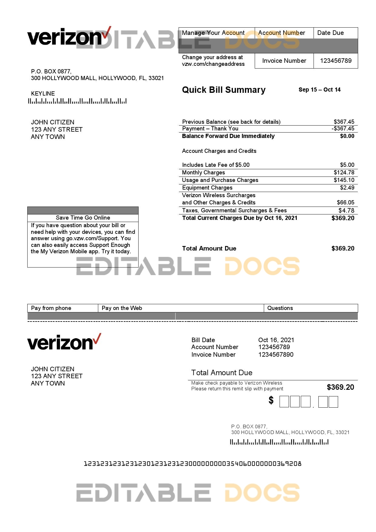 USA Verizon utility bill template in Word format, fully editable, version 2