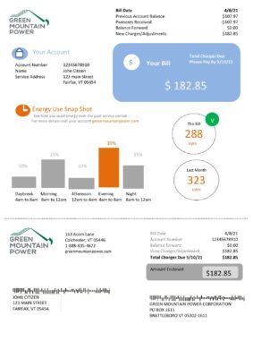 USA Vermont Green Mountain Power electricity utility bill in Word and PDF format