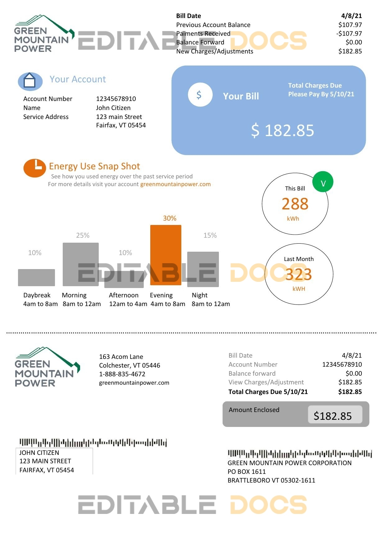 USA Vermont Green Mountain Power electricity utility bill in Word and PDF format