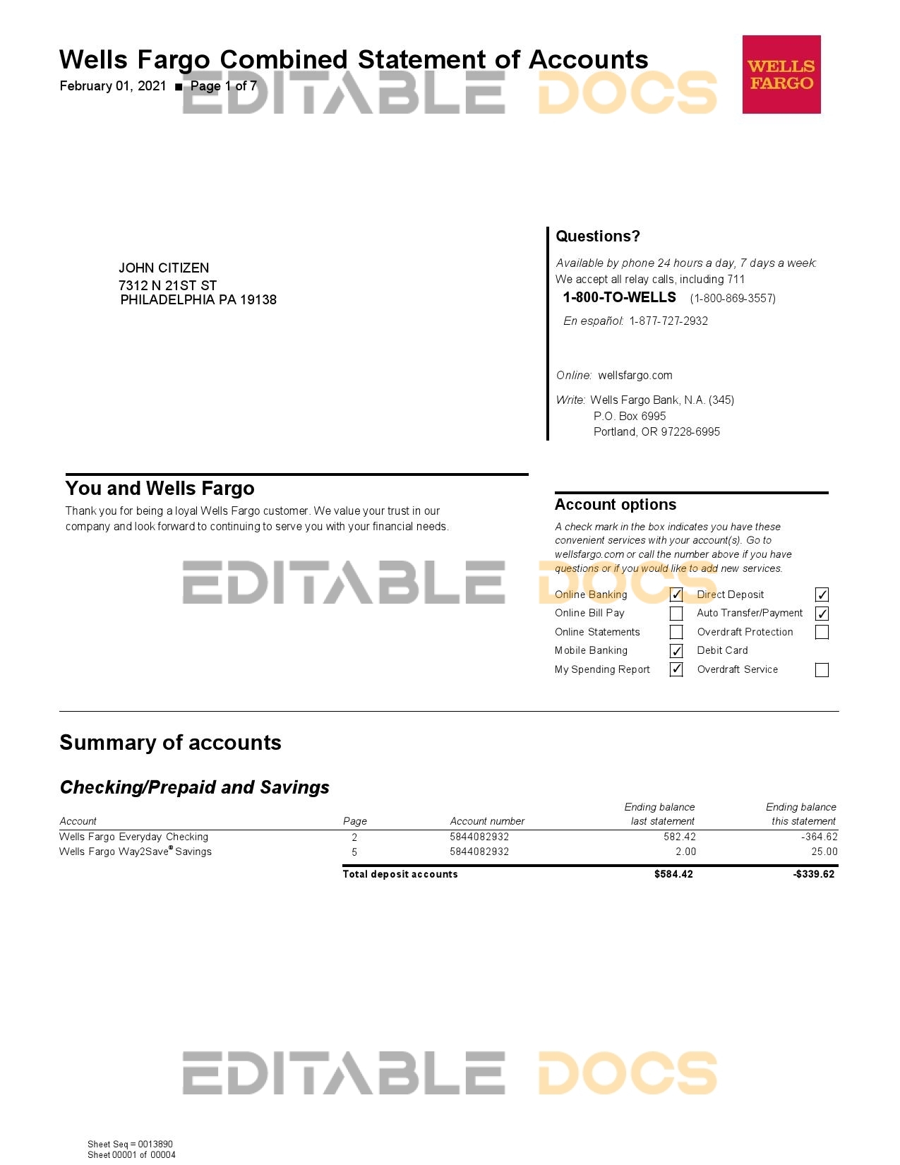 USA Wells Fargo bank statement template in Word and PDF format, 7 pages